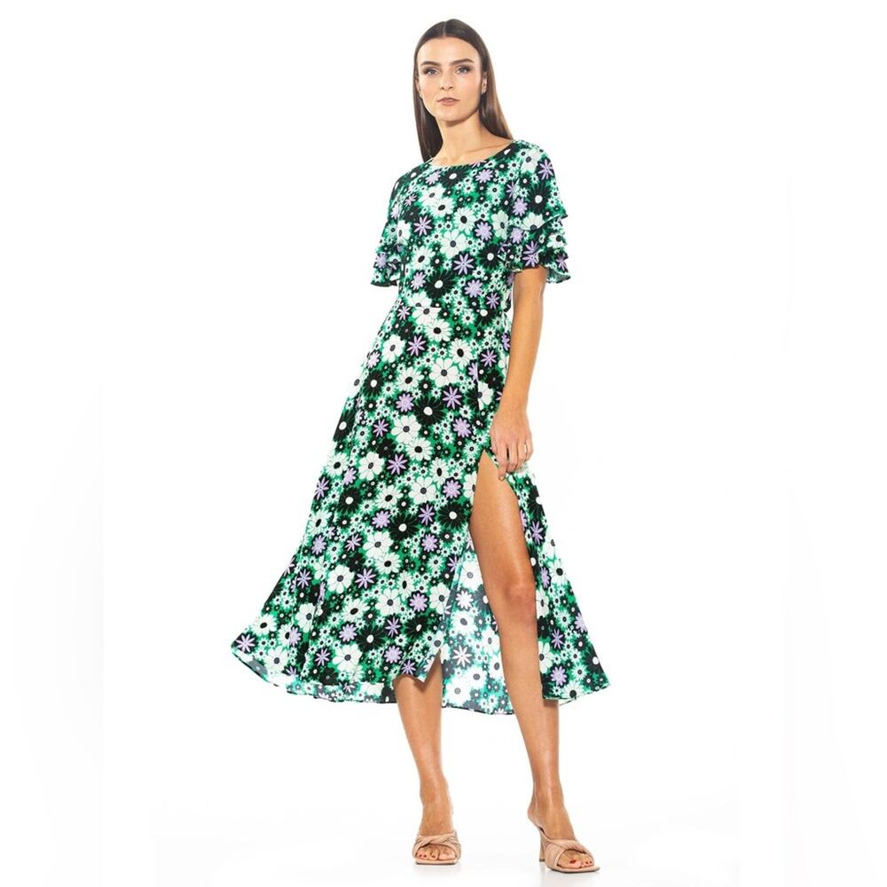 Alexia Admor Lila Midi Green White Floral Dress Open Tie Back Side Slit NWT